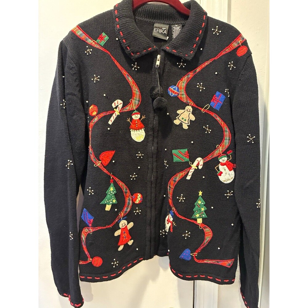 ERIKA Black Christmas Beaded Embroidered Full Zip Knit Cardigan Sweater M